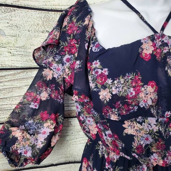 Maurices Women’s S Floral Cold Shoulder Dress Navy Pink Ruffle Off Shoulder Halt - Picture 3 of 12